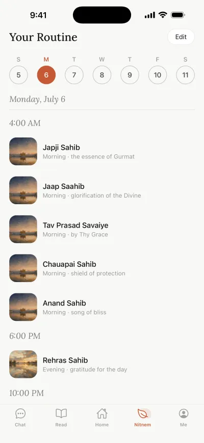 The Nitnem screen in Simran, with each bani read today marked
